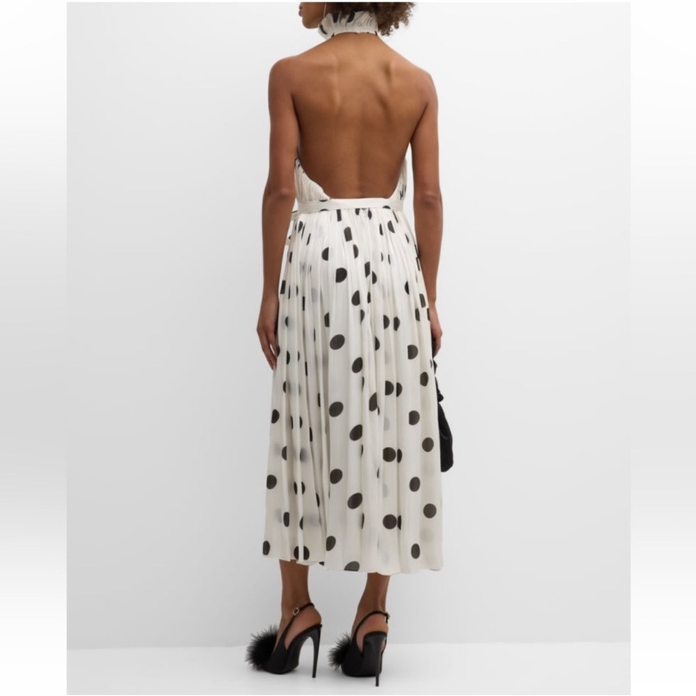 Halpern Polka-Dot Plisse Belted Halter Midi Dress - Picture 2 of 9